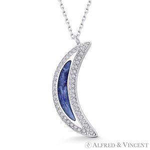 Crescent Moon Charm Jade, Pearl, or Lapis & CZ Pendant in .925 Sterling Silver